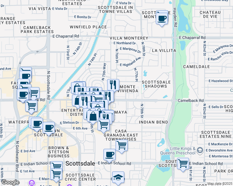 map of restaurants, bars, coffee shops, grocery stores, and more near 7622 East Camelback Road in Scottsdale