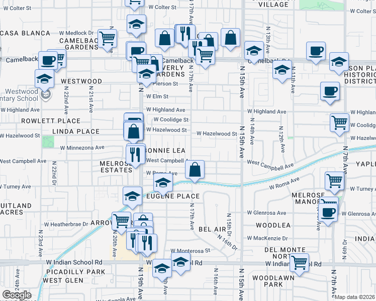 map of restaurants, bars, coffee shops, grocery stores, and more near 4501 North 17th Drive in Phoenix