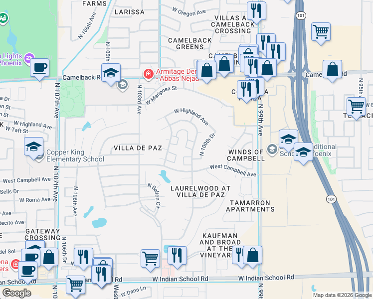 map of restaurants, bars, coffee shops, grocery stores, and more near Unnamed Road in Phoenix