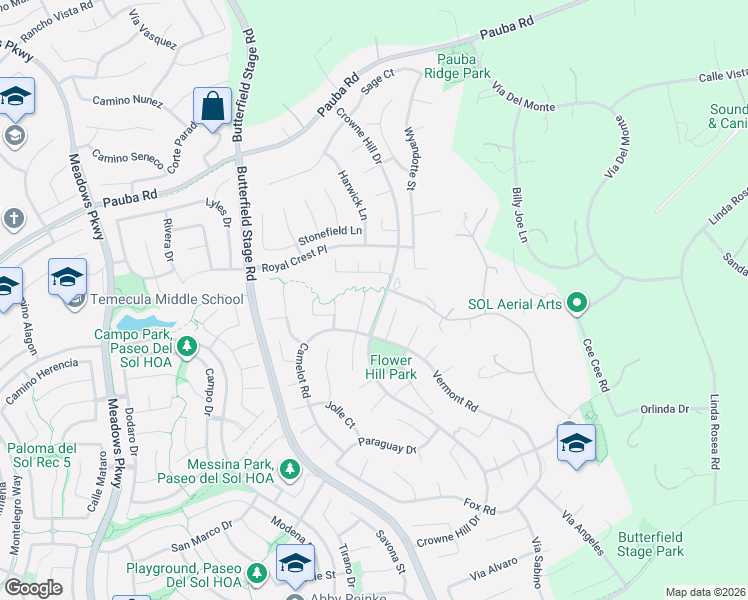 map of restaurants, bars, coffee shops, grocery stores, and more near 42534 Drennon Court in Temecula