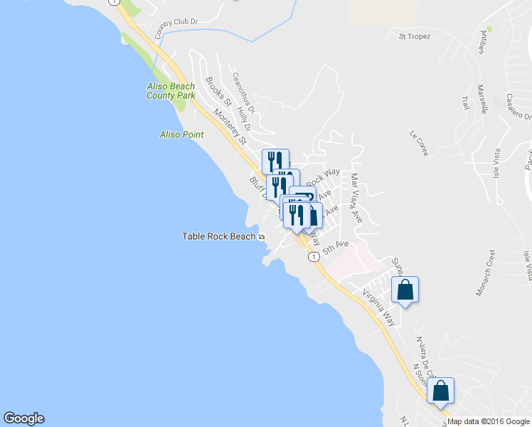 map of restaurants, bars, coffee shops, grocery stores, and more near 31671 Sea Bluff Lane in Laguna Beach
