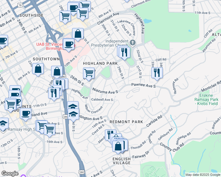map of restaurants, bars, coffee shops, grocery stores, and more near 2739 Niazuma Avenue South in Birmingham