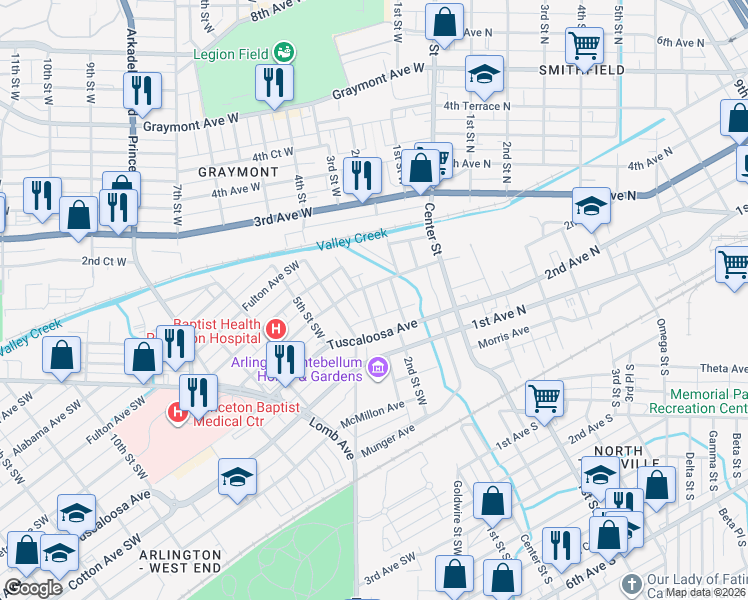 map of restaurants, bars, coffee shops, grocery stores, and more near 625 4th Street Southwest in Birmingham