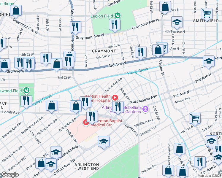 map of restaurants, bars, coffee shops, grocery stores, and more near 549 Fulton Avenue Southwest in Birmingham