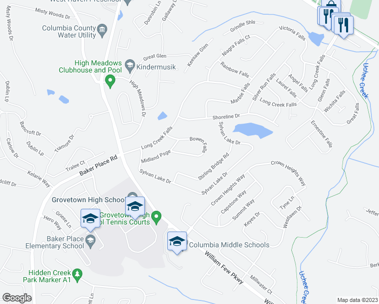 map of restaurants, bars, coffee shops, grocery stores, and more near 408 Bowen Falls in Grovetown