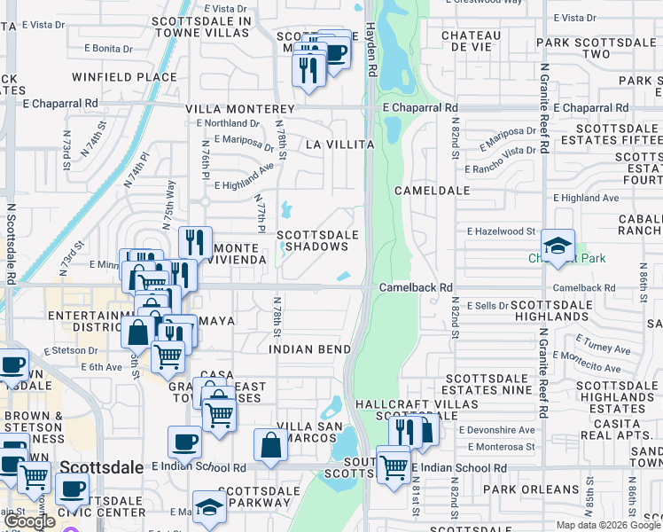 map of restaurants, bars, coffee shops, grocery stores, and more near 7910 East Camelback Road in Scottsdale