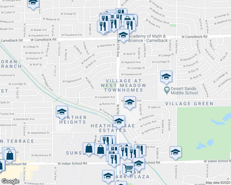 map of restaurants, bars, coffee shops, grocery stores, and more near 6701 West Minnezona Avenue in Phoenix