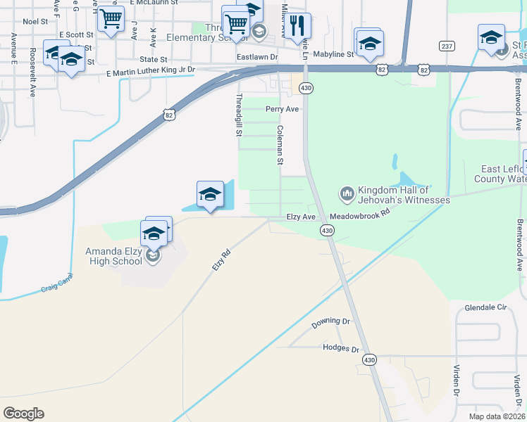 map of restaurants, bars, coffee shops, grocery stores, and more near 1007 Elzy Avenue in Greenwood