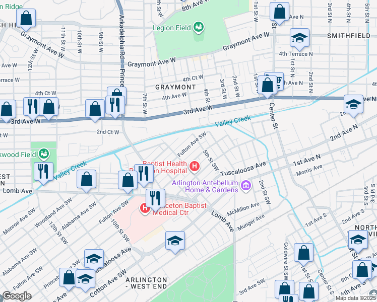 map of restaurants, bars, coffee shops, grocery stores, and more near 549 Fulton Avenue Southwest in Birmingham