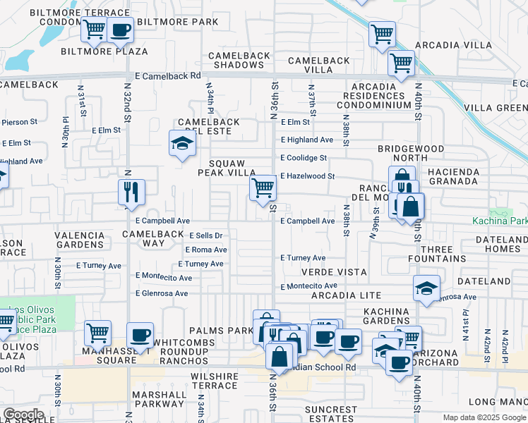 map of restaurants, bars, coffee shops, grocery stores, and more near 3550 East Campbell Avenue in Phoenix