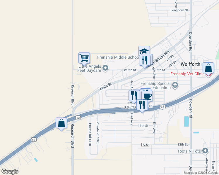 map of restaurants, bars, coffee shops, grocery stores, and more near 823-827 7th St in Wolfforth