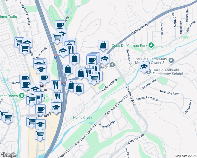 map of restaurants, bars, coffee shops, grocery stores, and more near 31736 Rancho Viejo Road in San Juan Capistrano