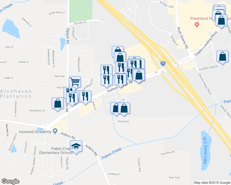 map of restaurants, bars, coffee shops, grocery stores, and more near 141 Hudson Bridge Lane in Stockbridge
