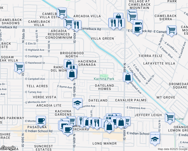 map of restaurants, bars, coffee shops, grocery stores, and more near 4125 East Minnezona Avenue in Phoenix