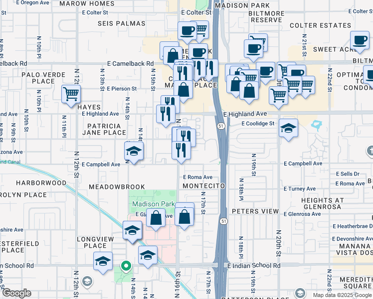map of restaurants, bars, coffee shops, grocery stores, and more near 4515 North 16th Street in Phoenix