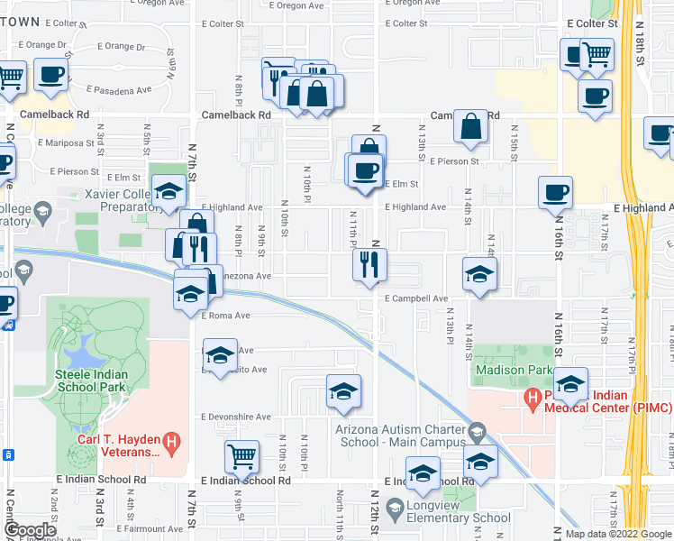 map of restaurants, bars, coffee shops, grocery stores, and more near 1126 East Campbell Avenue in Phoenix