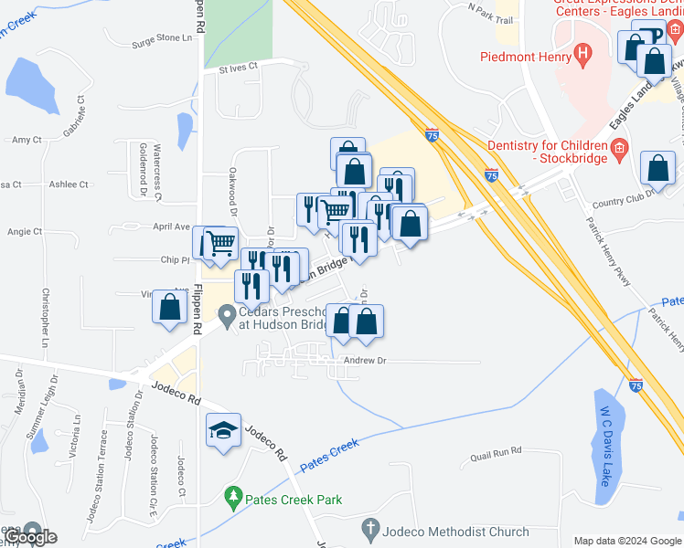 map of restaurants, bars, coffee shops, grocery stores, and more near 143 Hudson Bridge Lane in Stockbridge