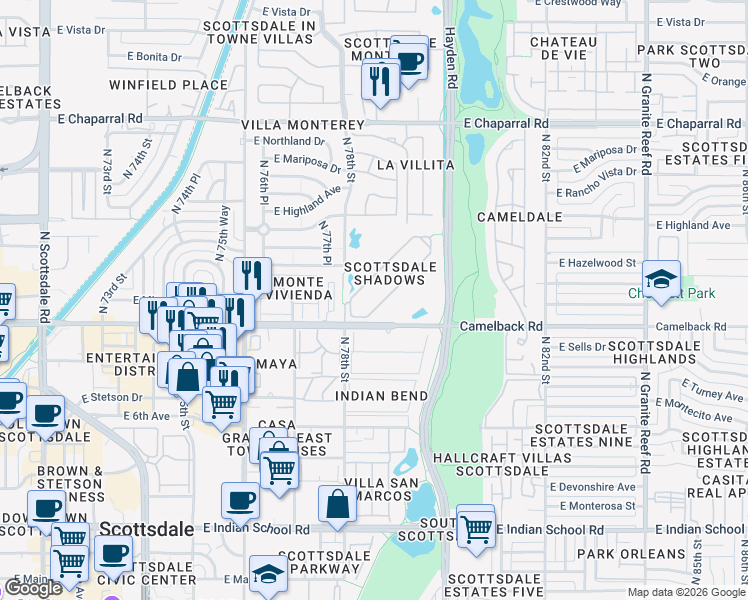 map of restaurants, bars, coffee shops, grocery stores, and more near Camelback Road in Scottsdale