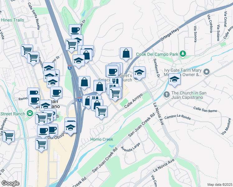map of restaurants, bars, coffee shops, grocery stores, and more near 31748 Rancho Viejo Road in San Juan Capistrano