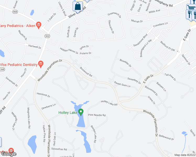 map of restaurants, bars, coffee shops, grocery stores, and more near 105 Boxwood Road in Aiken