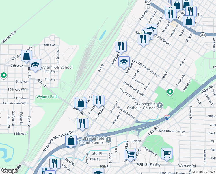 map of restaurants, bars, coffee shops, grocery stores, and more near 3115 Avenue D in Birmingham