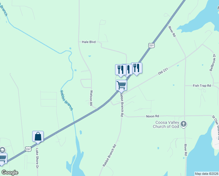 map of restaurants, bars, coffee shops, grocery stores, and more near 10094 U.S. 231 in St. Clair County
