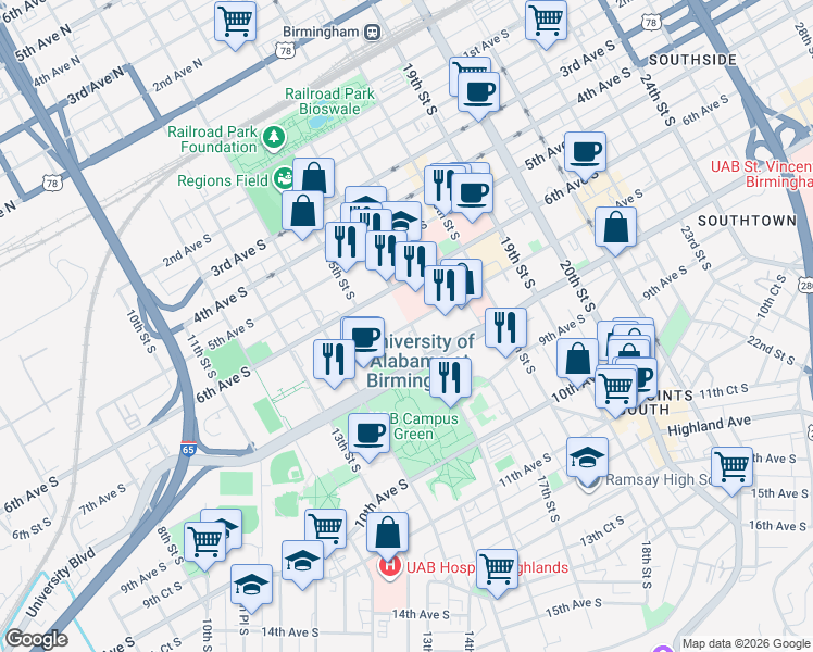 map of restaurants, bars, coffee shops, grocery stores, and more near 1510 University Boulevard in Birmingham