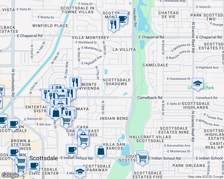 map of restaurants, bars, coffee shops, grocery stores, and more near Camelback Road in Scottsdale
