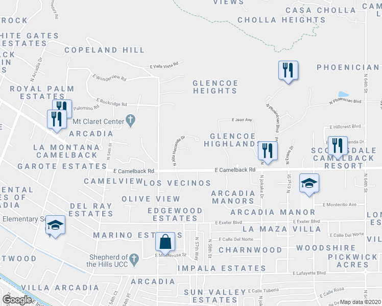 map of restaurants, bars, coffee shops, grocery stores, and more near 5710 East Camelback Road in Phoenix