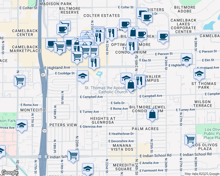 map of restaurants, bars, coffee shops, grocery stores, and more near 2228 East Campbell Avenue in Phoenix
