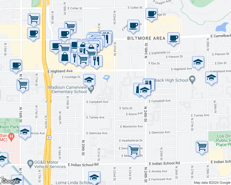 map of restaurants, bars, coffee shops, grocery stores, and more near 4644 North 22nd Street in Phoenix