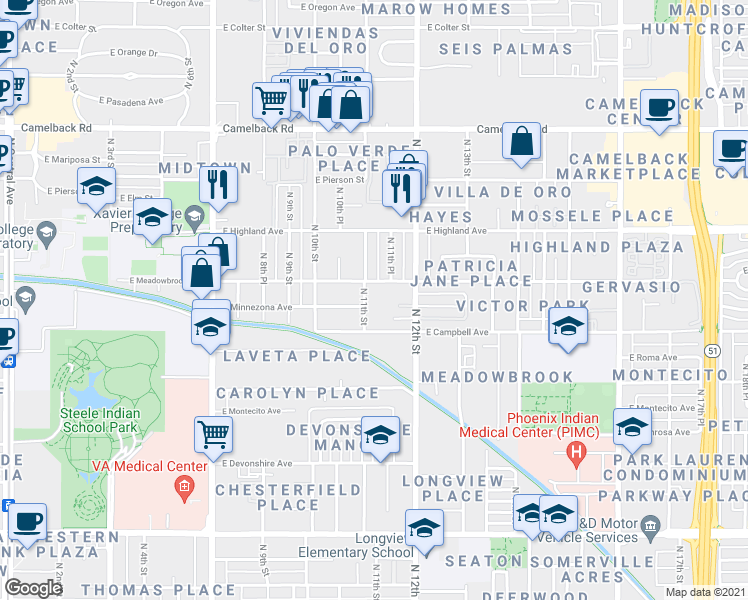 map of restaurants, bars, coffee shops, grocery stores, and more near 1126 East Campbell Avenue in Phoenix