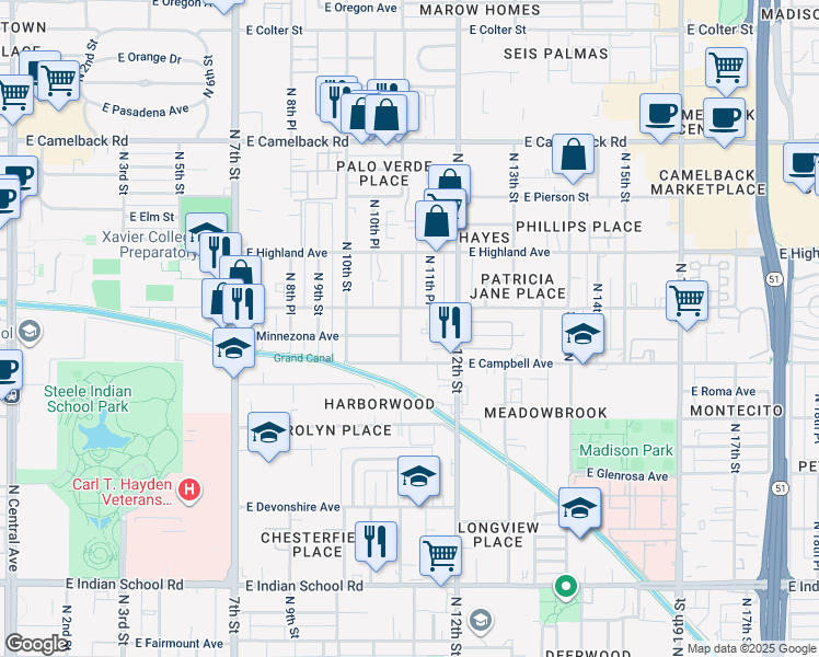 map of restaurants, bars, coffee shops, grocery stores, and more near 1126 East Campbell Avenue in Phoenix