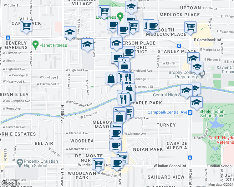 map of restaurants, bars, coffee shops, grocery stores, and more near 845 West Campbell Avenue in Phoenix