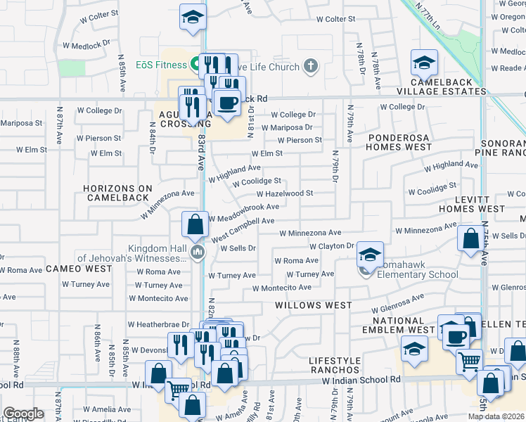 map of restaurants, bars, coffee shops, grocery stores, and more near 8127 West Campbell Avenue in Phoenix