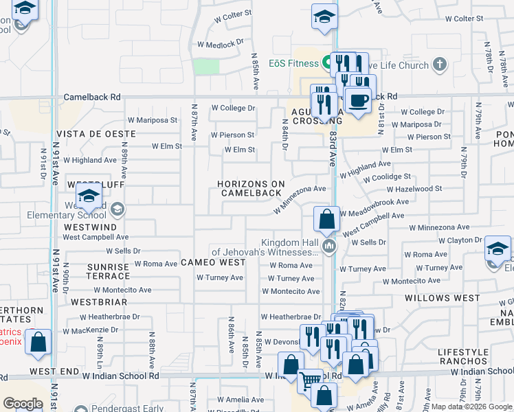 map of restaurants, bars, coffee shops, grocery stores, and more near 8447 West Minnezona Avenue in Phoenix