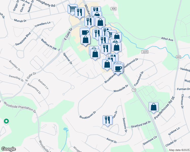 map of restaurants, bars, coffee shops, grocery stores, and more near 1005 Brookhaven Drive in Aiken