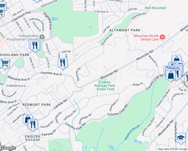 map of restaurants, bars, coffee shops, grocery stores, and more near 3600 Country Club Road in Birmingham