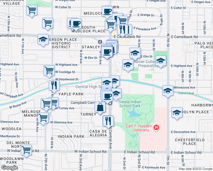 map of restaurants, bars, coffee shops, grocery stores, and more near 4570 North Central Avenue in Phoenix