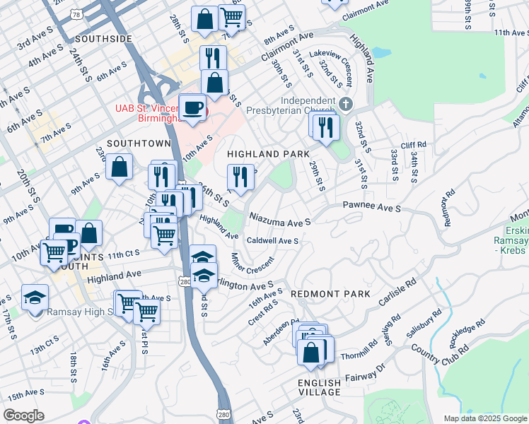 map of restaurants, bars, coffee shops, grocery stores, and more near 2612 Niazuma Avenue South in Birmingham