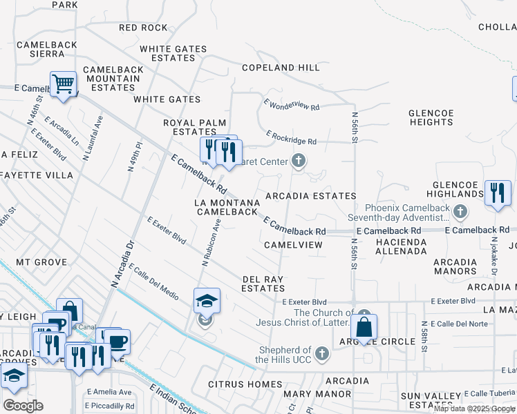 map of restaurants, bars, coffee shops, grocery stores, and more near 5320 East Camelback Road in Phoenix