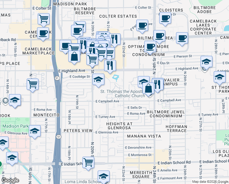 map of restaurants, bars, coffee shops, grocery stores, and more near Unnamed Road in Phoenix
