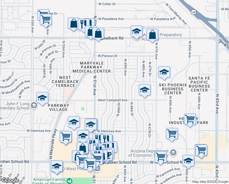 map of restaurants, bars, coffee shops, grocery stores, and more near 4502 North 49th Drive in Phoenix