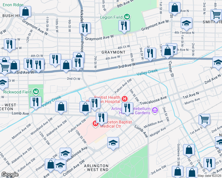 map of restaurants, bars, coffee shops, grocery stores, and more near 305 6th Street Southwest in Birmingham