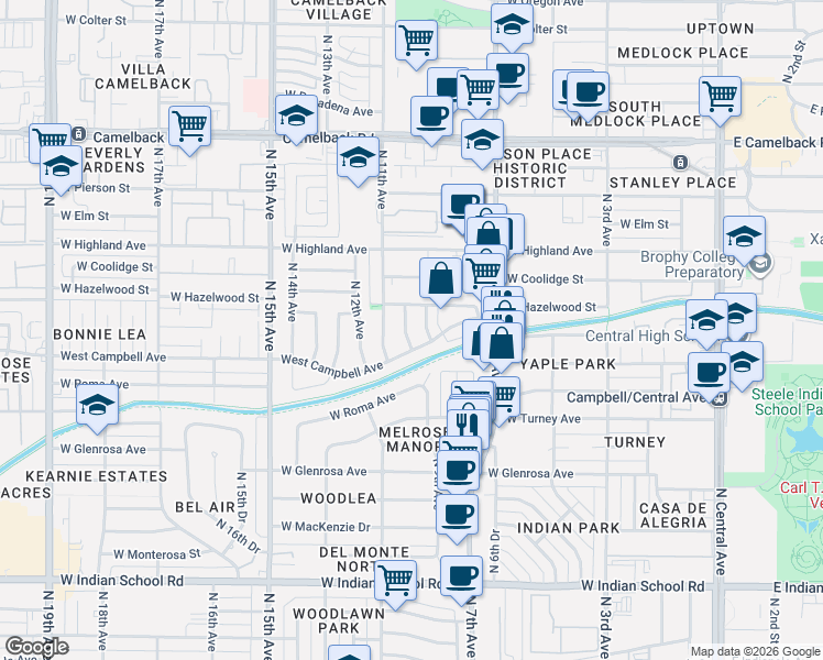 map of restaurants, bars, coffee shops, grocery stores, and more near 1006 West Campbell Avenue in Phoenix