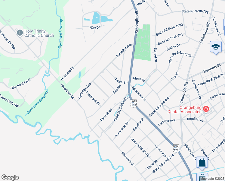 map of restaurants, bars, coffee shops, grocery stores, and more near 580 Gue Road in Orangeburg