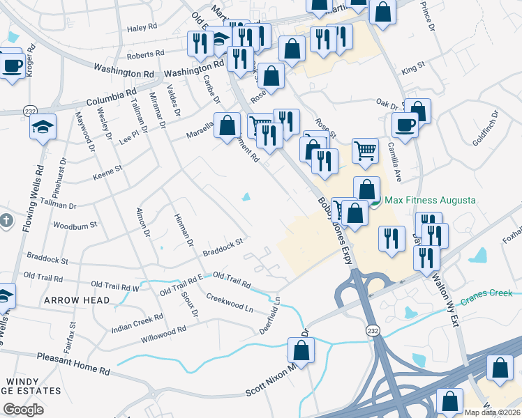 map of restaurants, bars, coffee shops, grocery stores, and more near 298 Miramar Drive in Augusta
