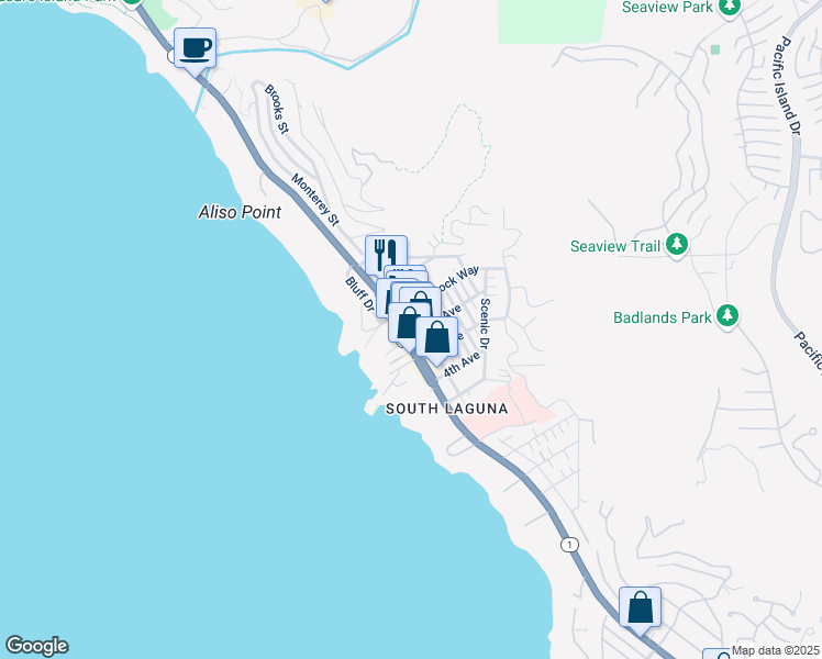 map of restaurants, bars, coffee shops, grocery stores, and more near South Coast Highway in Laguna Beach