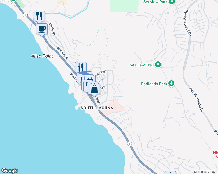 map of restaurants, bars, coffee shops, grocery stores, and more near 31652 Scenic Drive in Laguna Beach