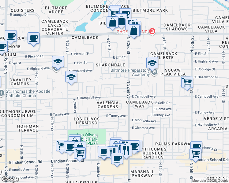 map of restaurants, bars, coffee shops, grocery stores, and more near 3041 East Campbell Avenue in Phoenix